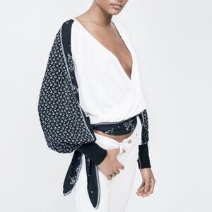 Free People Auxton Black and White Wrap Top with Balloon Sleeves